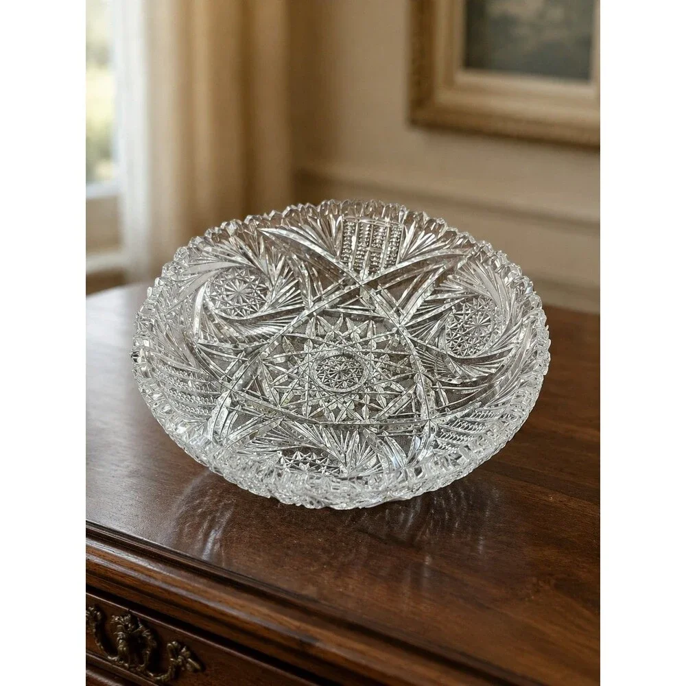 Vintage Cut Glass Round Serving Bowl 8” Pinwheel Starburst Sawtooth Rim